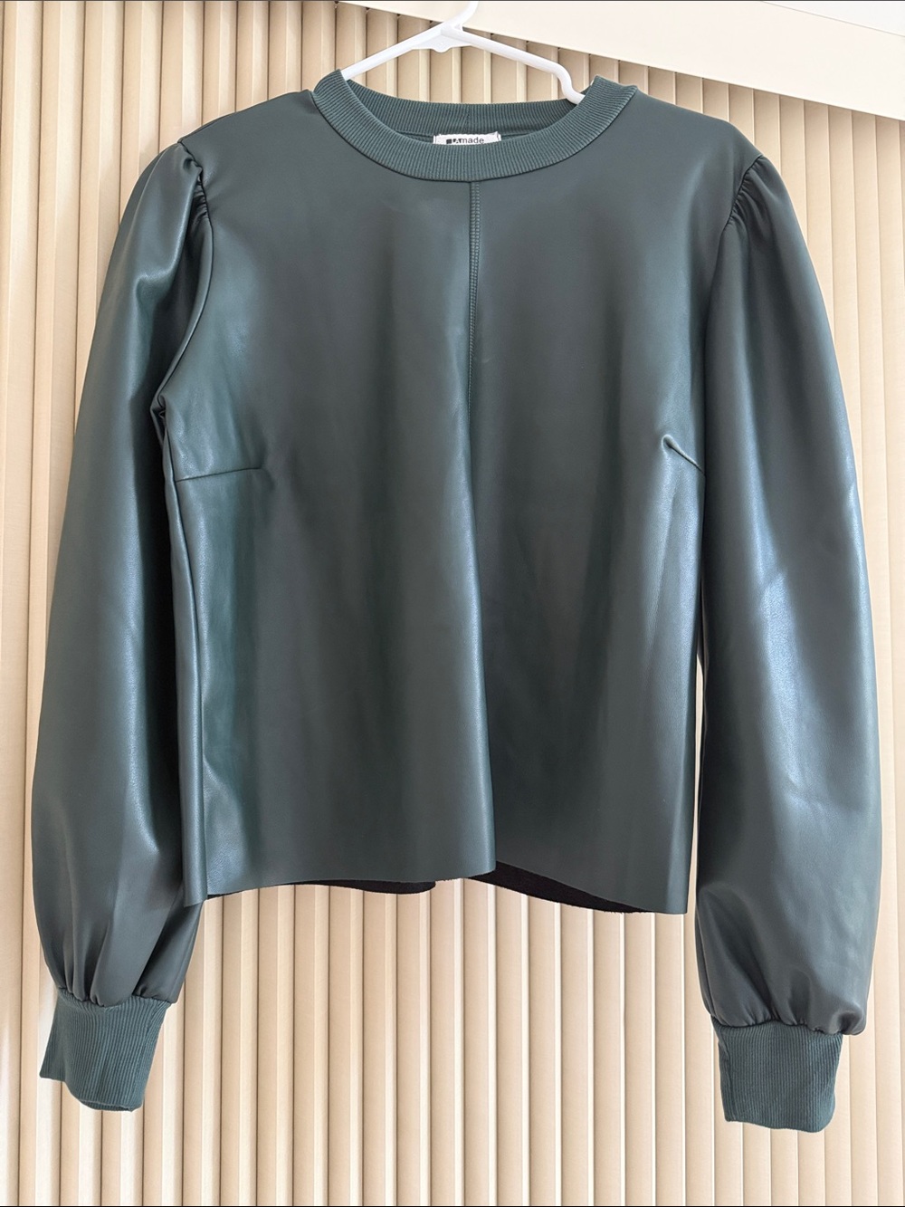 Faux Leather Puff-Sleeve Jacket - Dark Green